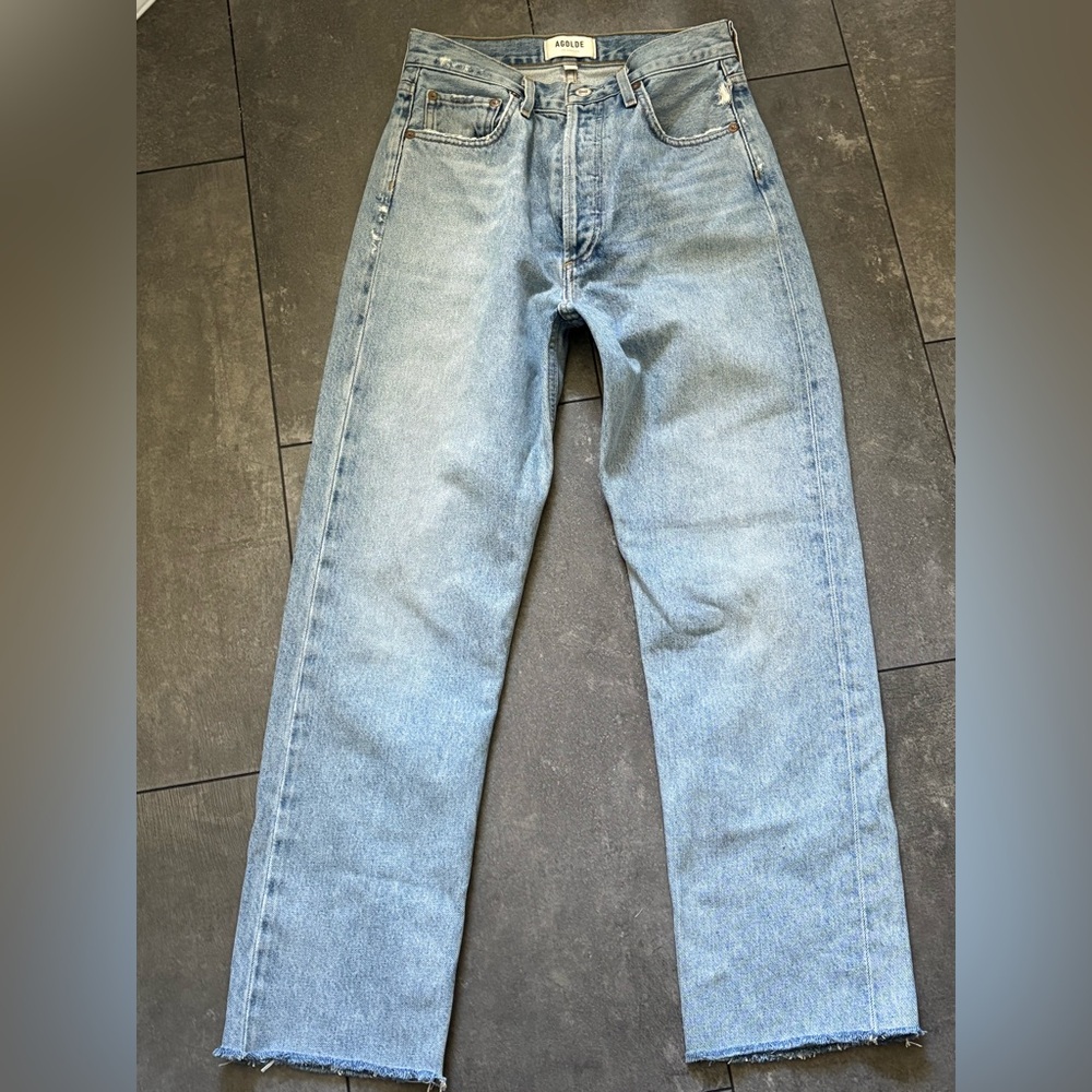 Agolde 90’s Pinch Waist Light Blue Straight Leg Jeans Ankle Cropped Raw Hem